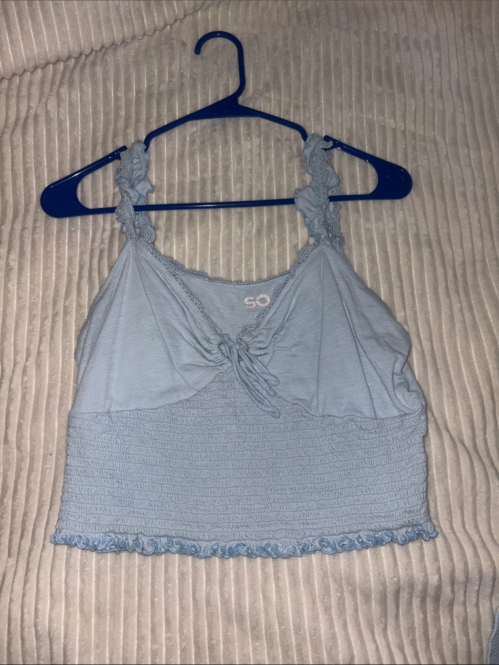SO Baby Blue Ruffled Smocked Tie-Front Crop Top